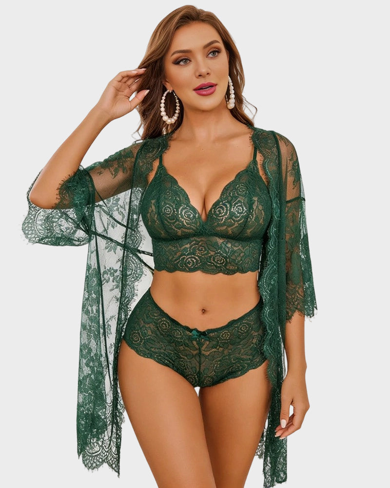 3-teiliges Schlaf-Set aus transparenter Blumenspitze