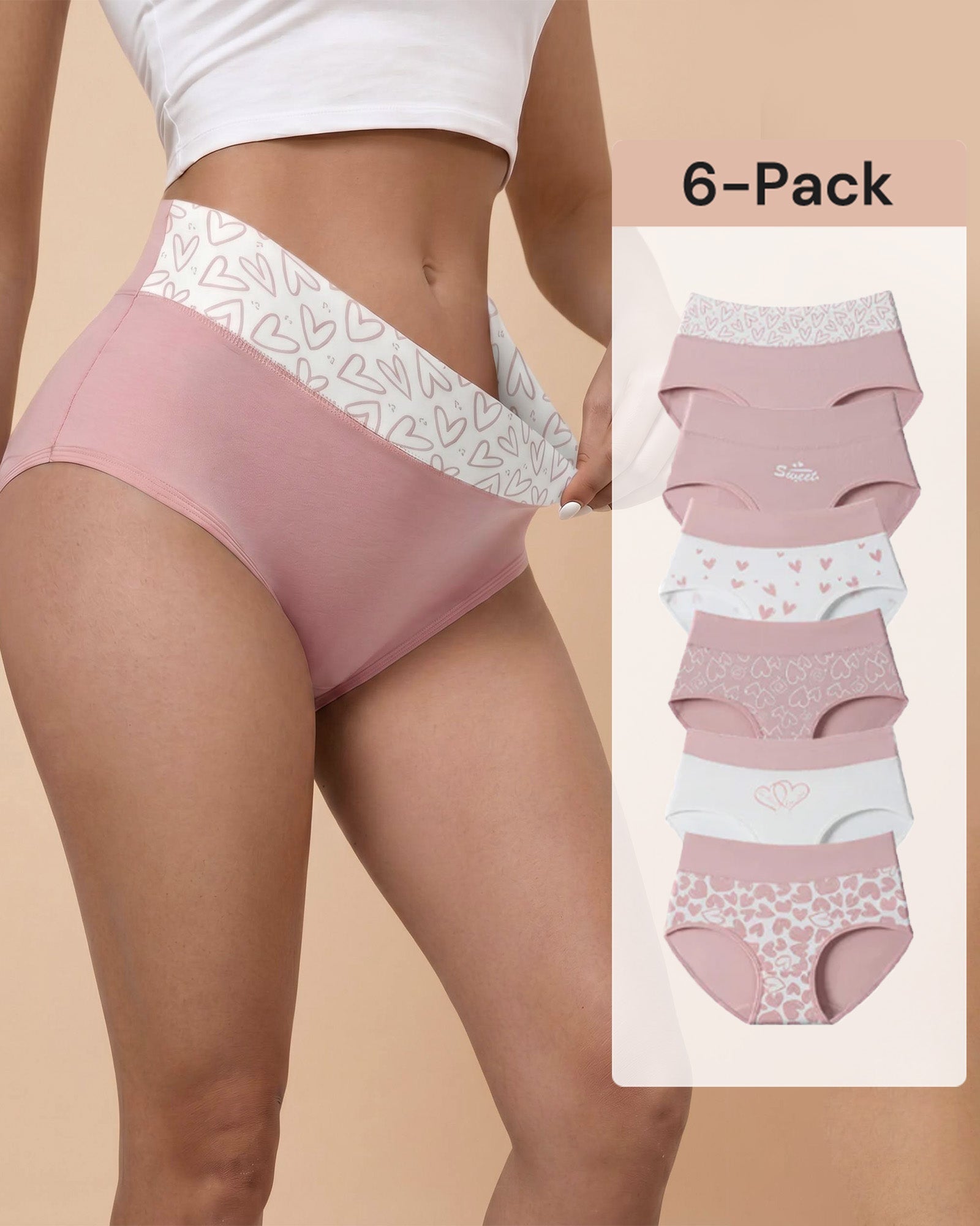Lot de 6 culottes taille haute en coton doux imprimé cœurs