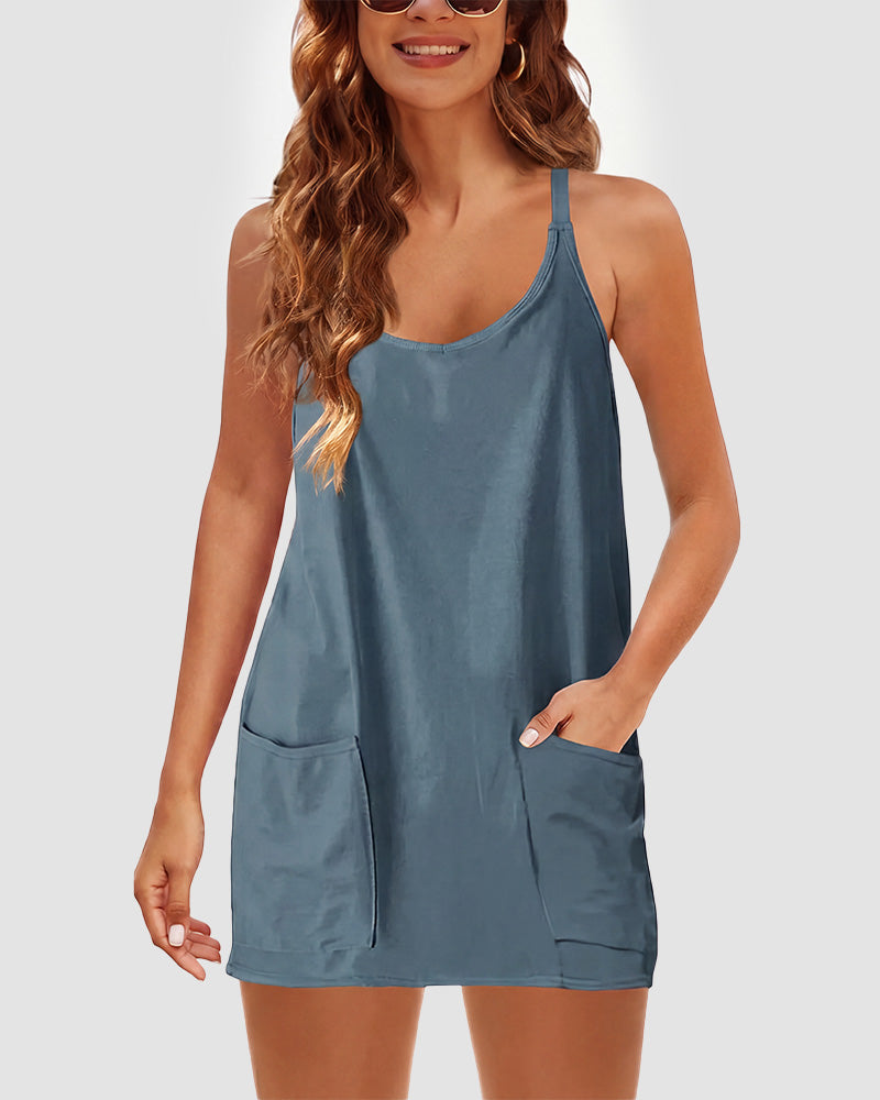 Verstellbares Träger Active Minikleid mit integrierten Shorts & Taschen