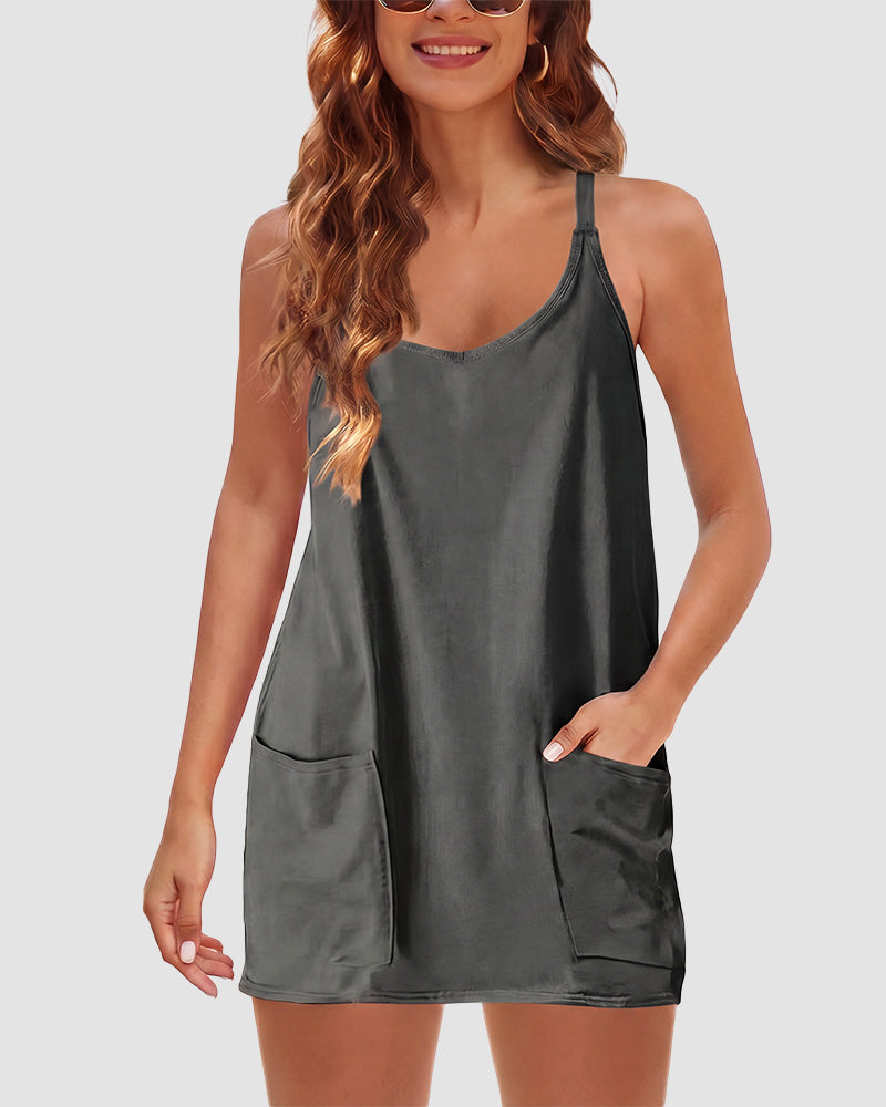 Verstellbares Träger Active Minikleid mit integrierten Shorts & Taschen