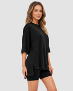 Casual Oversized 2-Piece Lounge Set with Crewneck & Split Hem