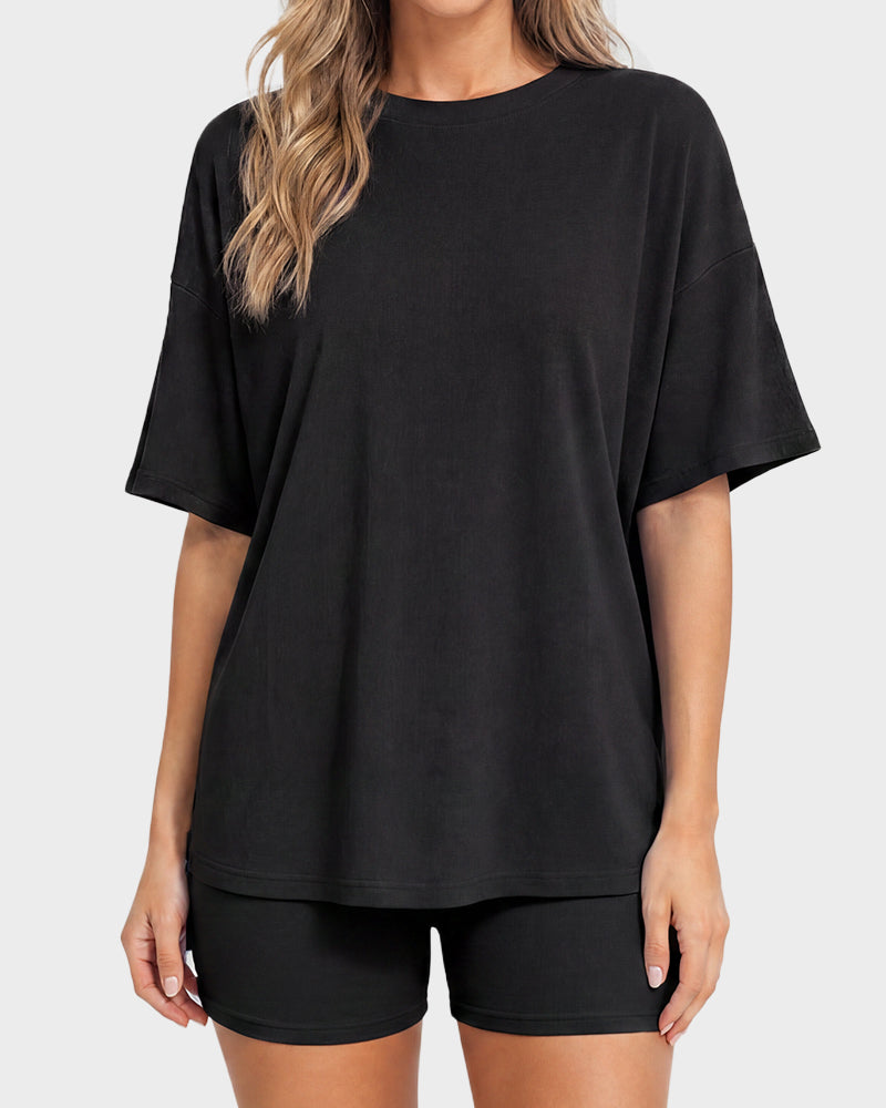 Casual Oversized 2-Piece Lounge Set with Crewneck & Split Hem