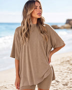 Casual Oversized 2-Piece Lounge Set with Crewneck & Split Hem