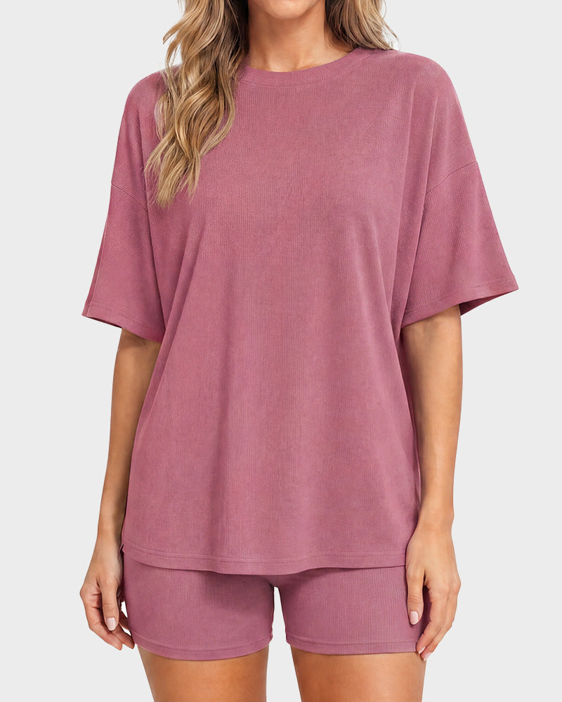 Casual Oversized 2-Piece Lounge Set with Crewneck & Split Hem