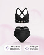 Bikini-Set mit hoher Taille, Bauchkontrolle und Mesh-Einsätzen