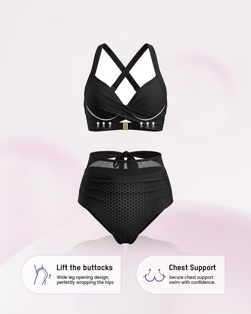 Bikini-Set mit hoher Taille, Bauchkontrolle und Mesh-Einsätzen