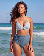 Bikini-Set mit hoher Taille, Bauchkontrolle und Mesh-Einsätzen