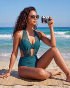 Bikini-Set mit hoher Taille, Bauchkontrolle und Mesh-Einsätzen