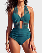 Bikini-Set mit hoher Taille, Bauchkontrolle und Mesh-Einsätzen