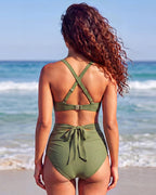 Bikini-Set mit hoher Taille, Bauchkontrolle und Mesh-Einsätzen