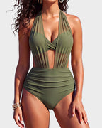 Bikini-Set mit hoher Taille, Bauchkontrolle und Mesh-Einsätzen