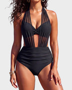 Bikini-Set mit hoher Taille, Bauchkontrolle und Mesh-Einsätzen