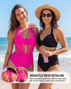 Bikini-Set mit hoher Taille, Bauchkontrolle und Mesh-Einsätzen