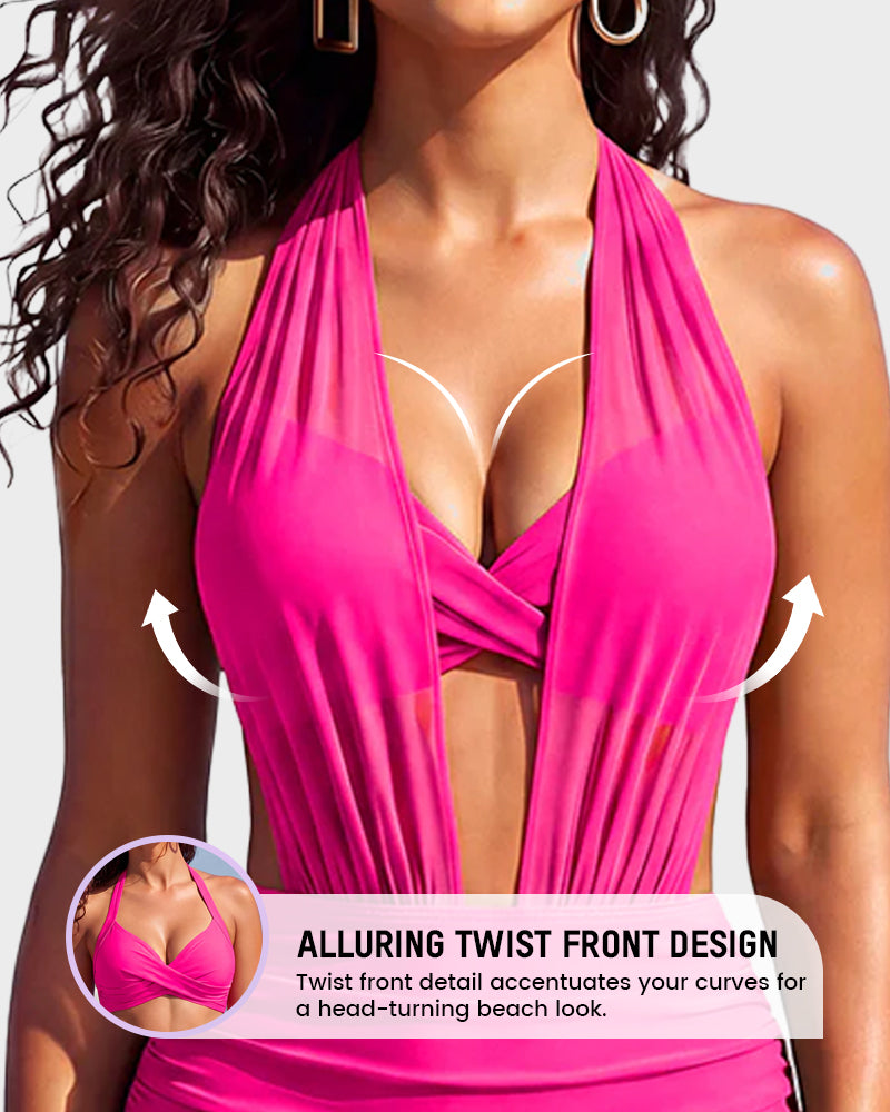 Bikini-Set mit hoher Taille, Bauchkontrolle und Mesh-Einsätzen