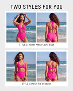 Bikini-Set mit hoher Taille, Bauchkontrolle und Mesh-Einsätzen