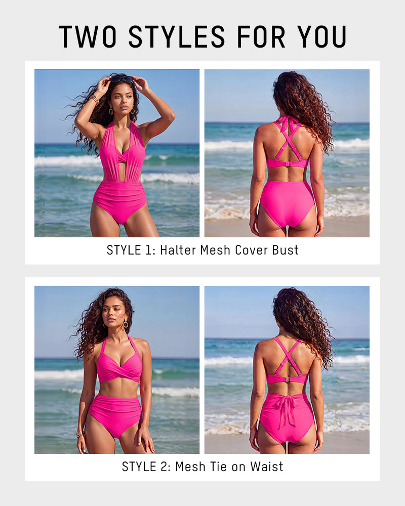 Bikini-Set mit hoher Taille, Bauchkontrolle und Mesh-Einsätzen