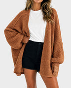 Oversized Lantern-Sleeve Open-Front Knit Cardigan