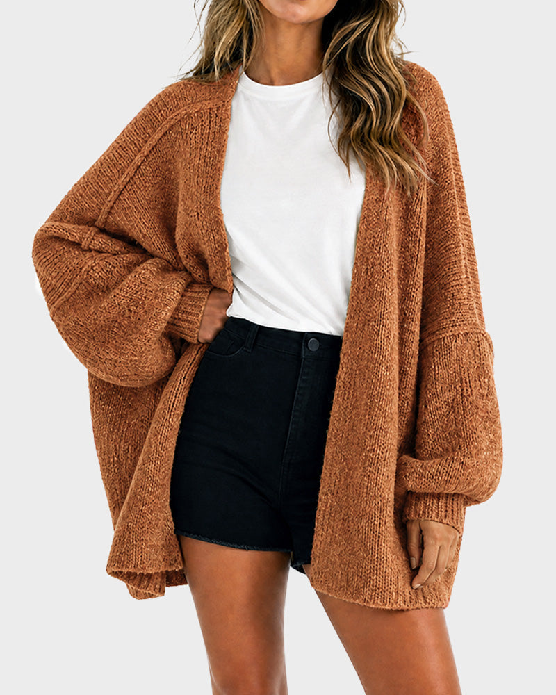 Oversized Lantern-Sleeve Open-Front Knit Cardigan