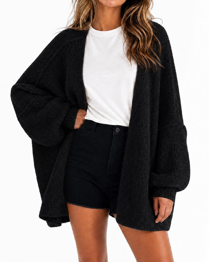 Oversized Lantern-Sleeve Open-Front Knit Cardigan