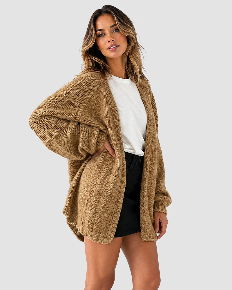 Oversized Lantern-Sleeve Open-Front Knit Cardigan