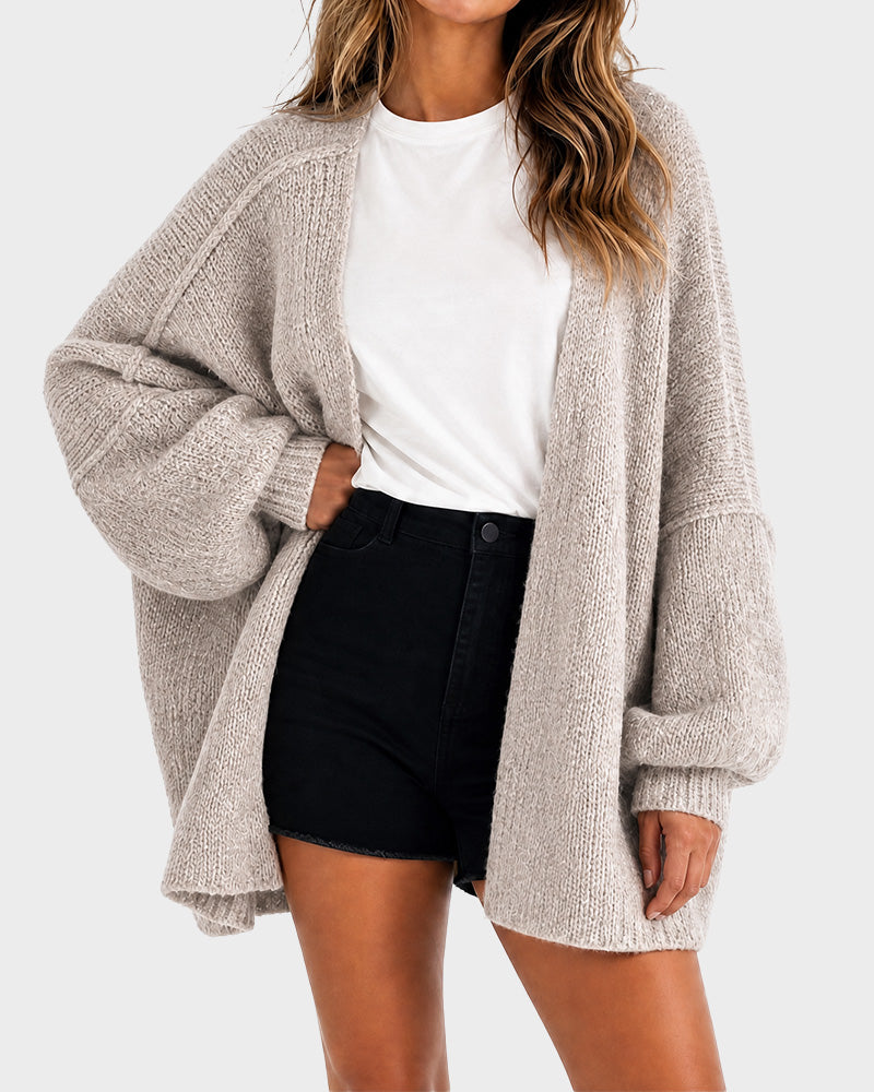 Oversized Lantern-Sleeve Open-Front Knit Cardigan