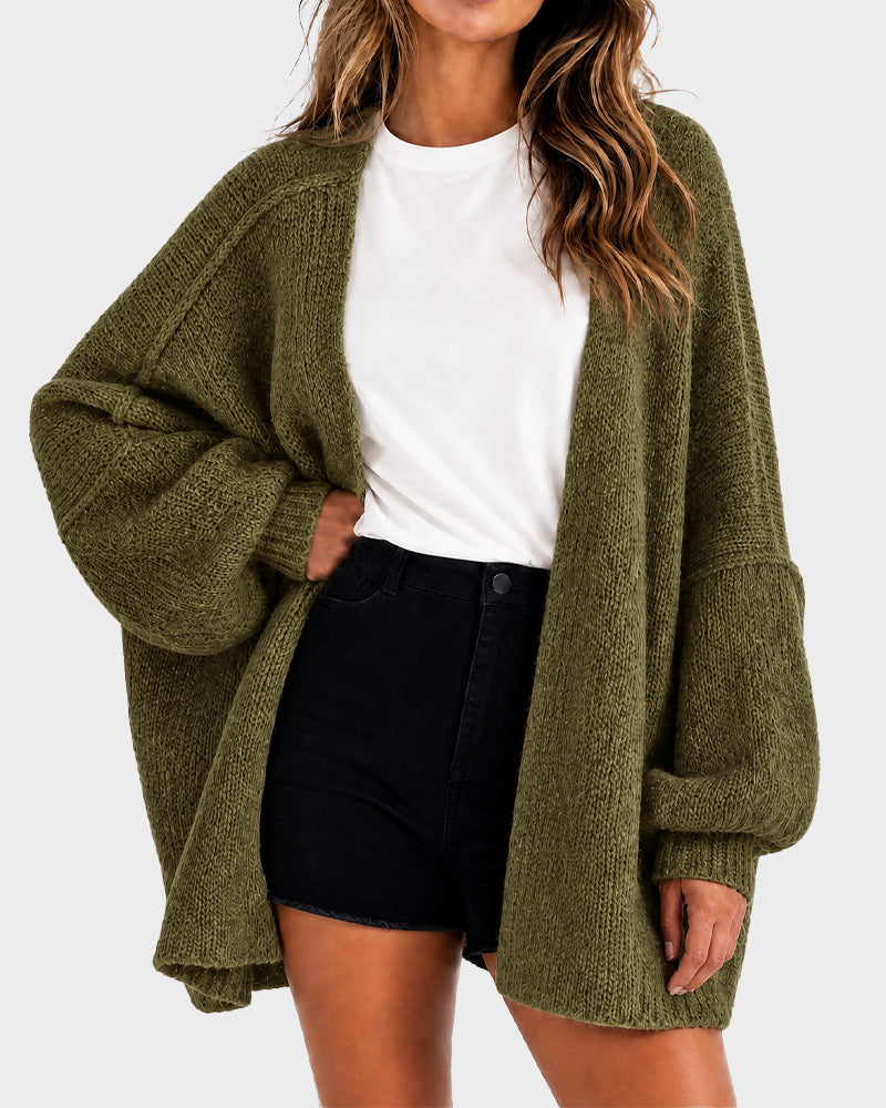 Oversized Lantern-Sleeve Open-Front Knit Cardigan