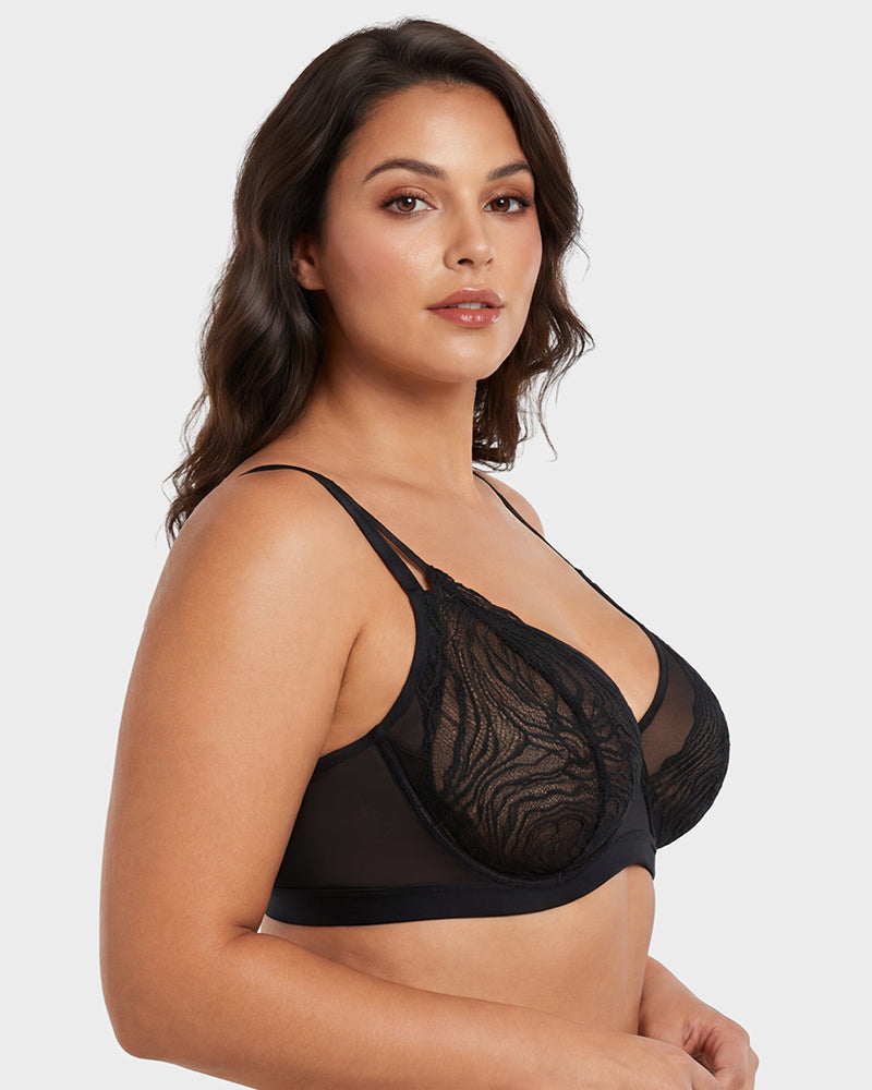 Soutien-gorge à armatures grande taille en dentelle et résille, couverture intégrale