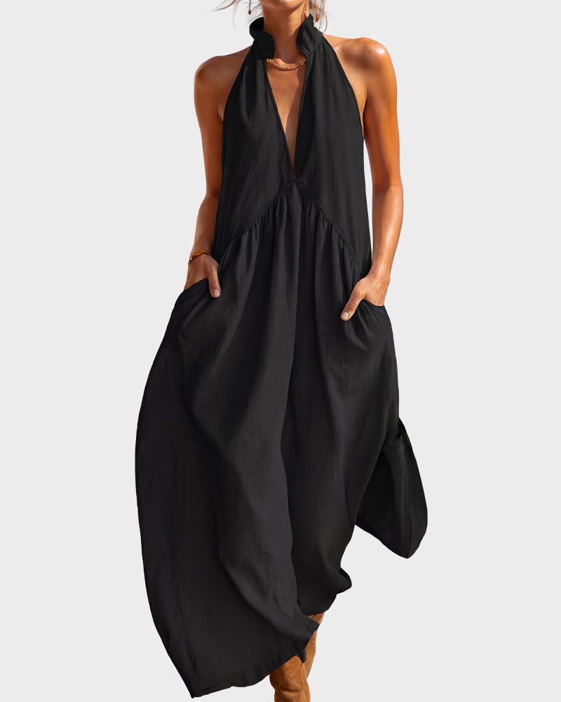 Figurbetontes fließendes Neckholder-Maxikleid mit Taschen