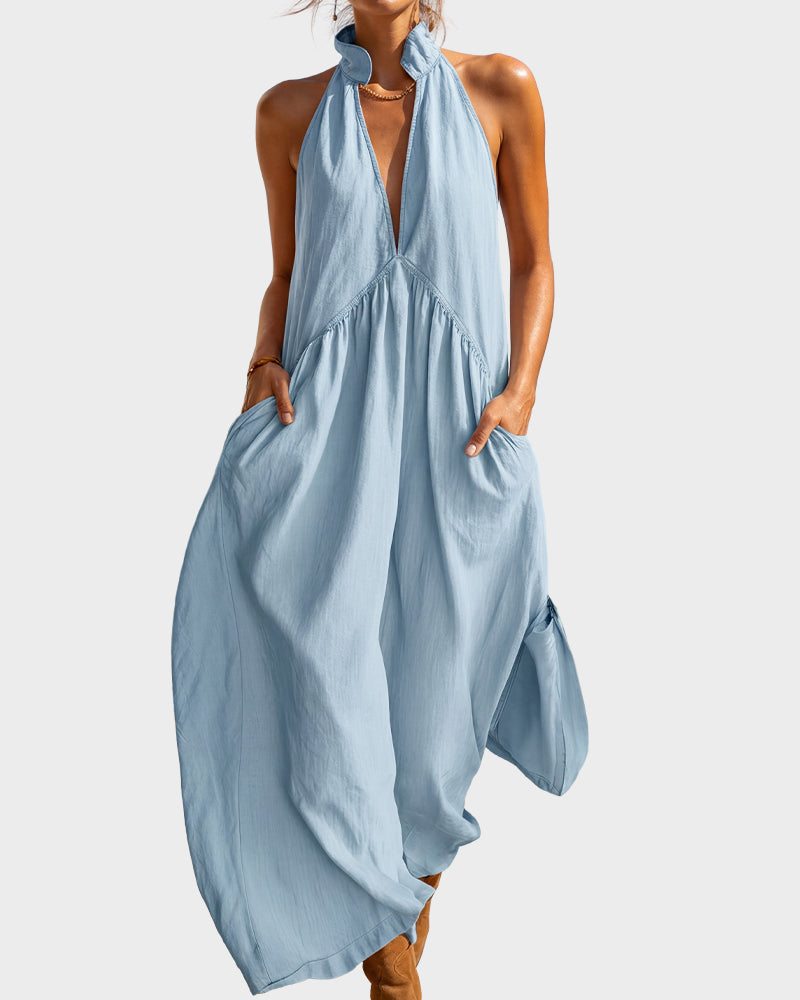 Figurbetontes fließendes Neckholder-Maxikleid mit Taschen