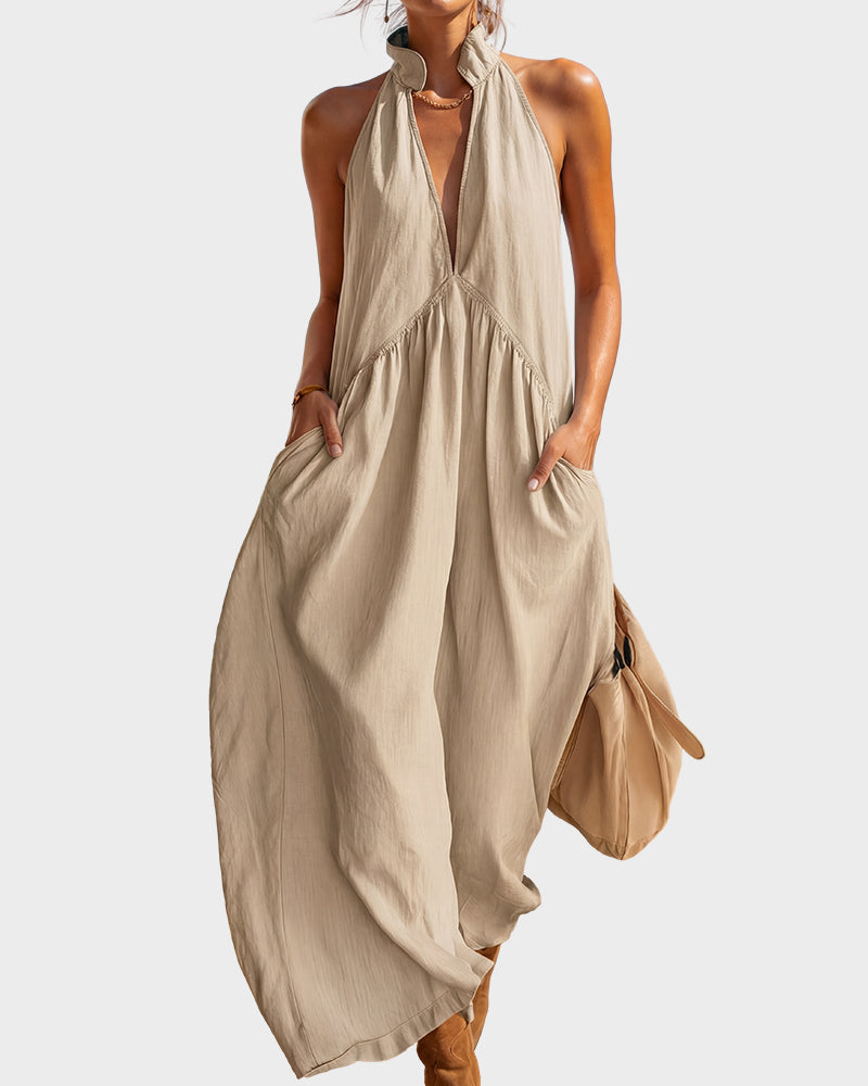 Figurbetontes fließendes Neckholder-Maxikleid mit Taschen