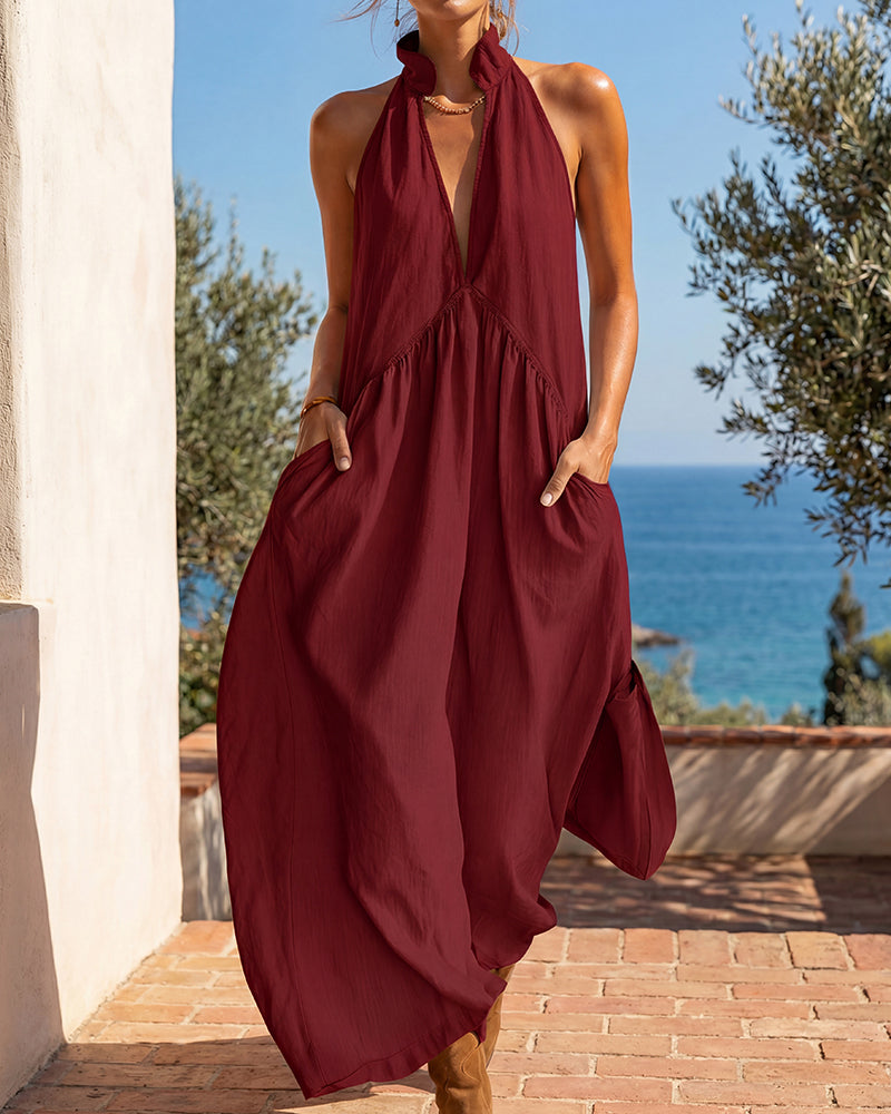 Figurbetontes fließendes Neckholder-Maxikleid mit Taschen