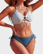 Neckholder-Push-up-Bikini-Set mit Bindedetail vorne
