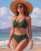 Neckholder-Push-up-Bikini-Set mit Bindedetail vorne